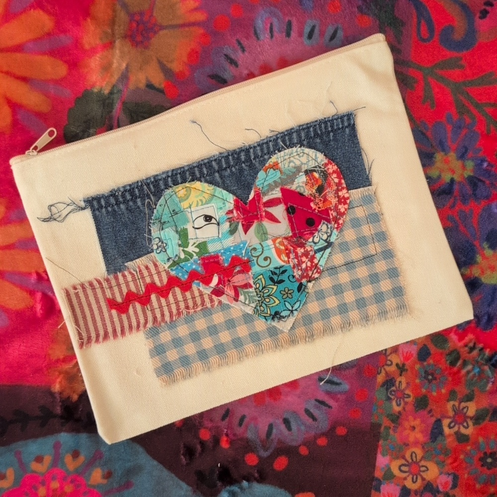 Fabric Heart Zipper Pouch, Canvas Bag w fabric embellishments HANDMADE ITEM - Picture 2 of 4